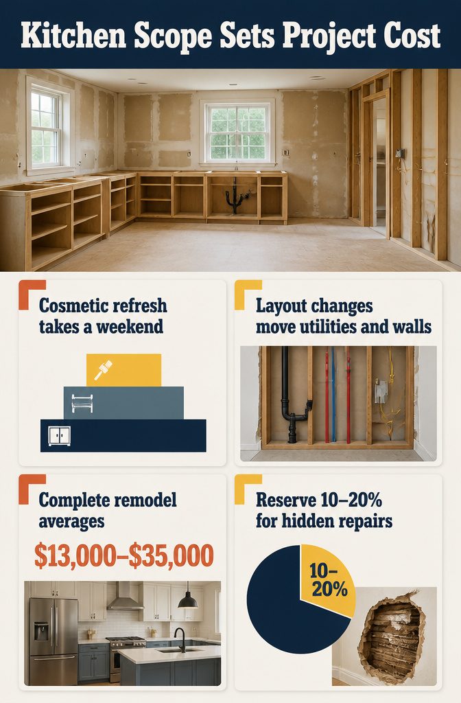 How to Plan a Kitchen: 10 Steps from Scope to Final Sign-Off 3 Kitchen scope cost graphic with the title Kitchen Scope Sets Project Cost